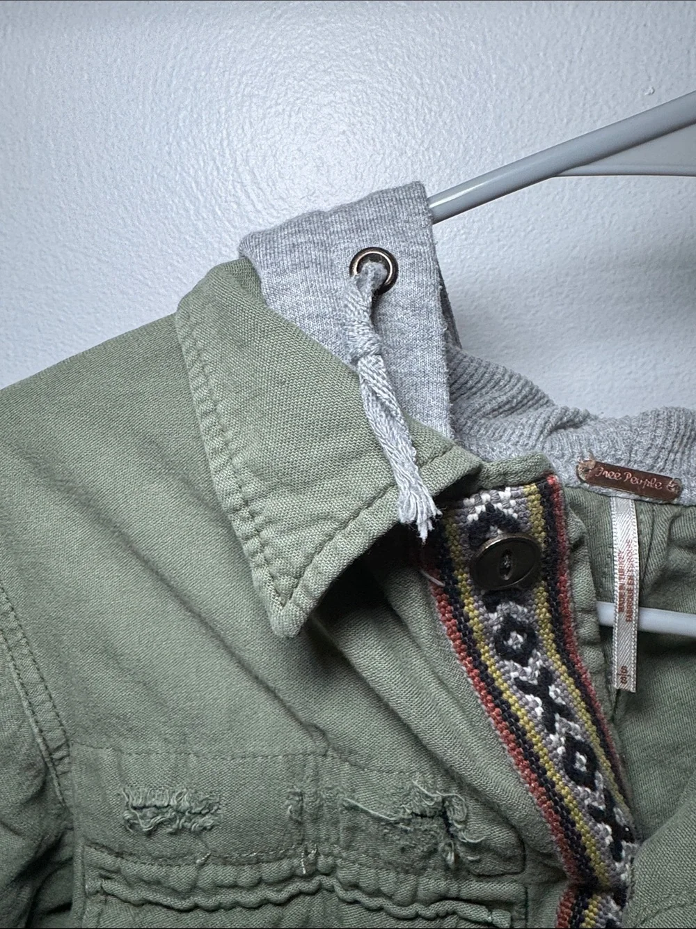 Free people Olive Green Hooded Jacket with Embroidered Trim size S - Picture 4 of 9